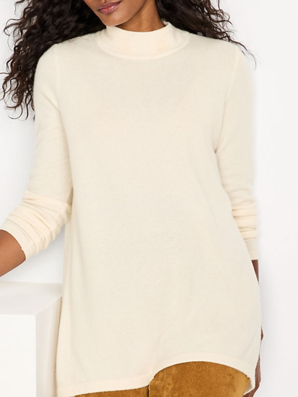 Lands End Cashmere Sweater Women L Cream Swing Tunic Mock Neck Classic Stretch